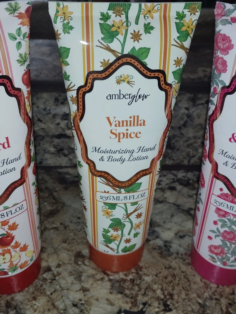 Apple orchard, vanilla spice, peony and Amber Amber glow moisturizing hand
